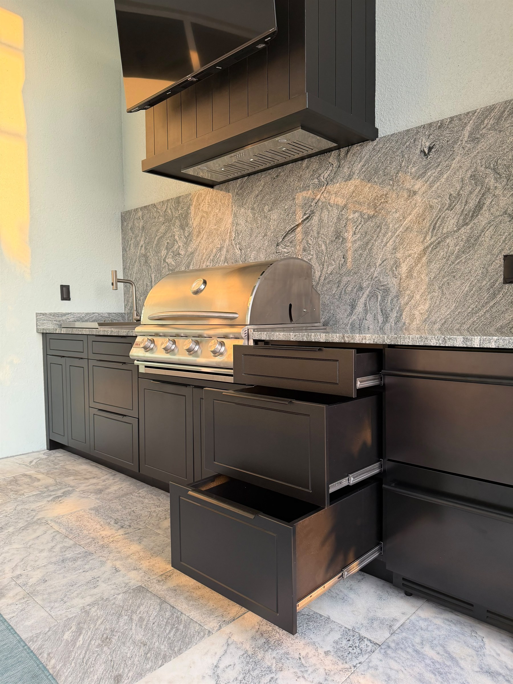 Black HDPE outdoor kitchen with Captiva door style, right-hand view